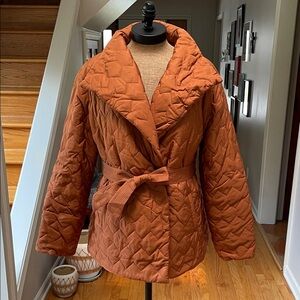 Women's Quilted Belted Puffer Jacket - Burnt Orange
